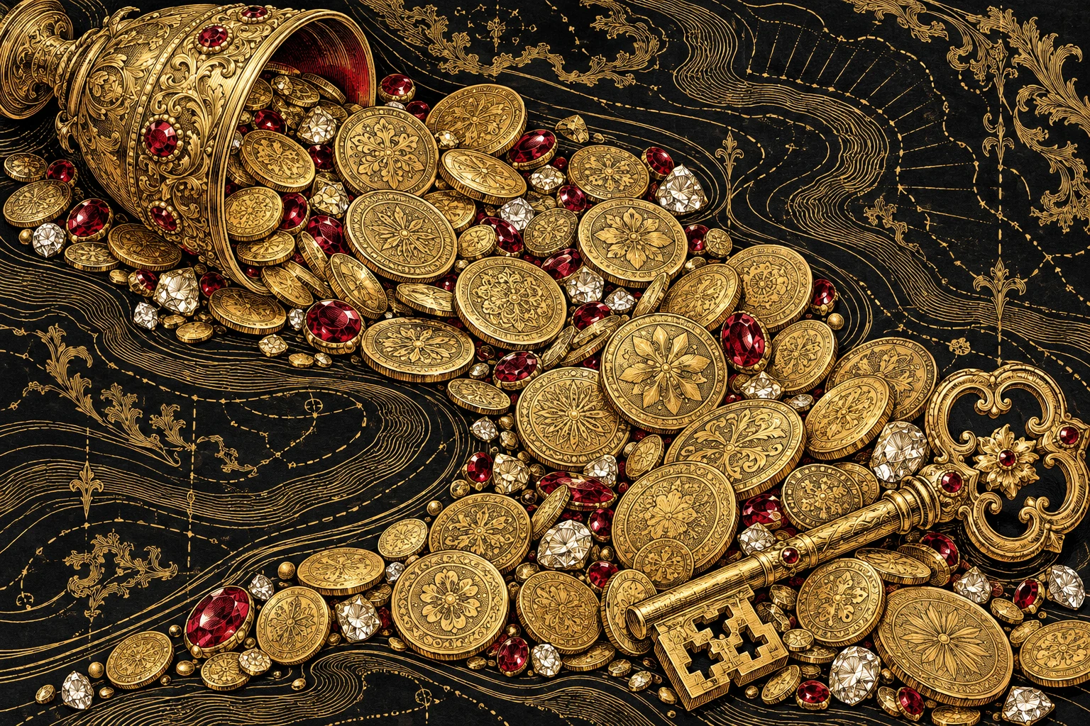A winding stream of engraved coins flows from a gold vessel towards a ruby-set key.