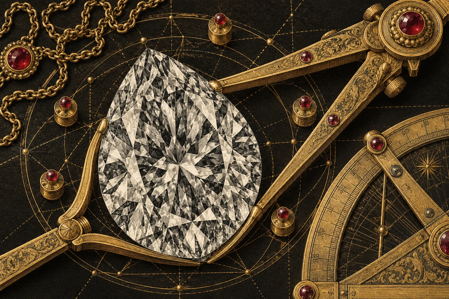 A white pear-shaped diamond sits between gold dividers on an engraved bearing chart.