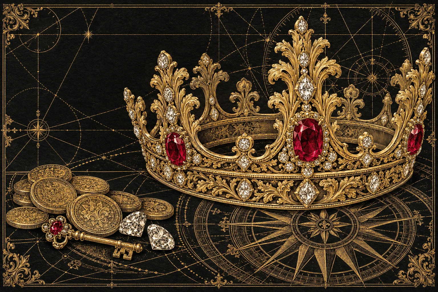An intricate gold crown with ruby inlays and white diamonds crosses an engraved compass rose.
