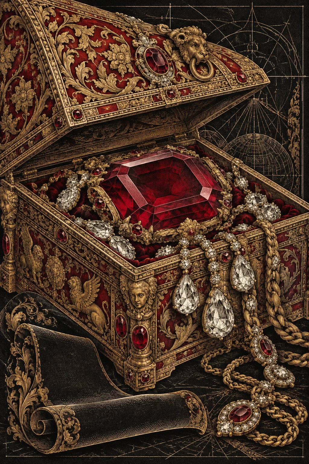 An open gold casket holds a large ruby and strings of diamond jewellery.