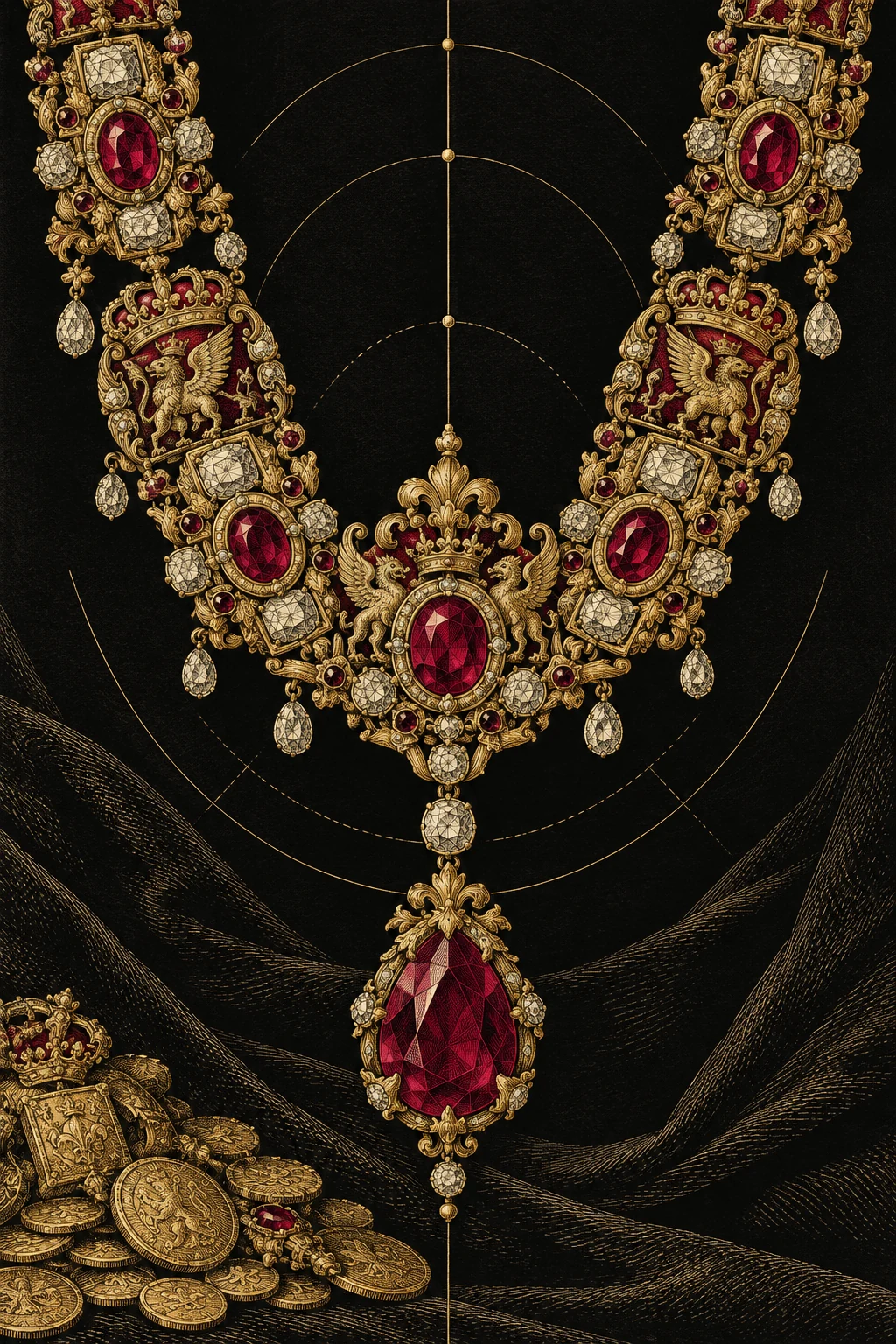 A long gold ceremonial collar carries ruby drops over fine meridian lines.