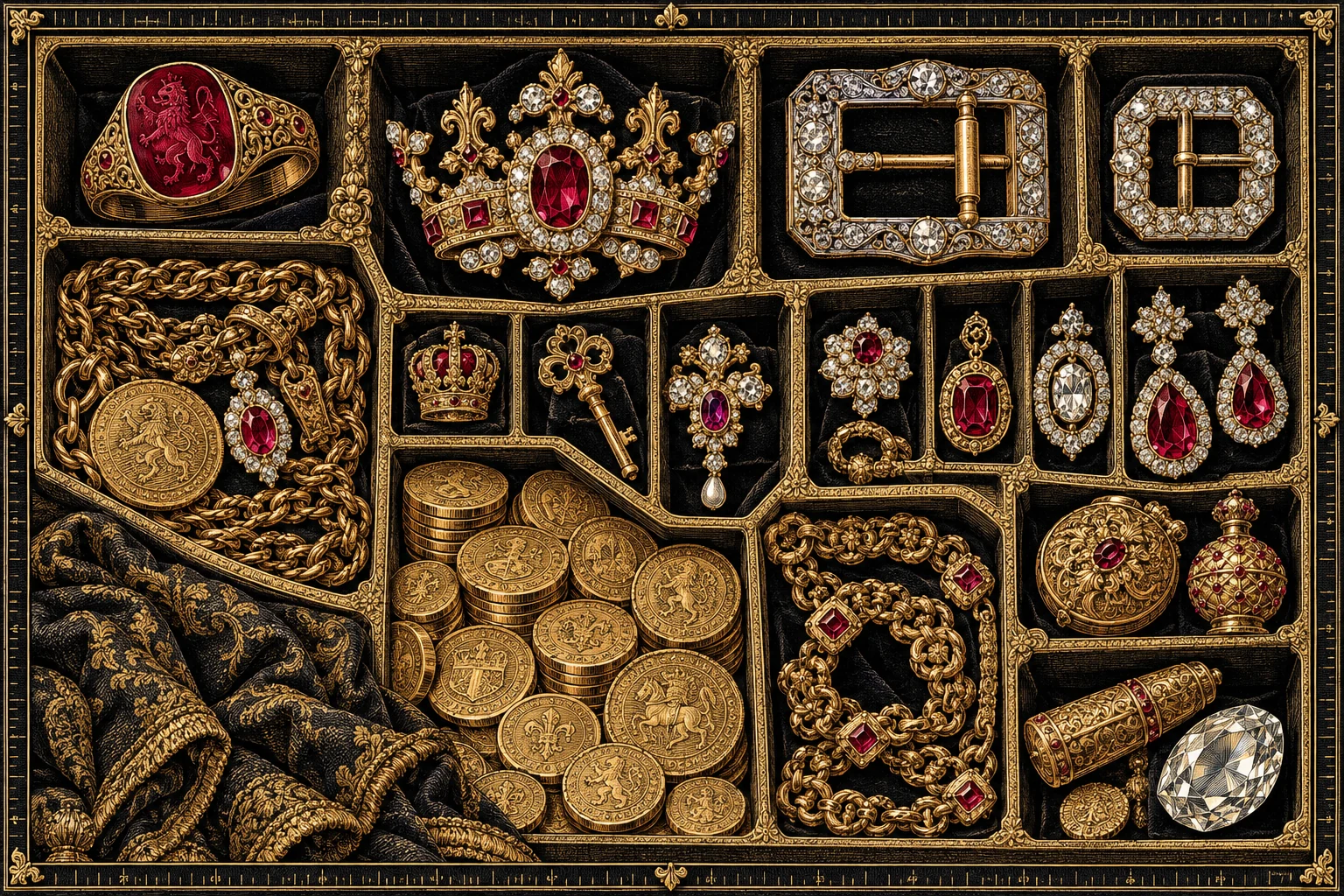 An engraved compartmented drawer contains a crown brooch, rings, coins, keys and diamond buckles.